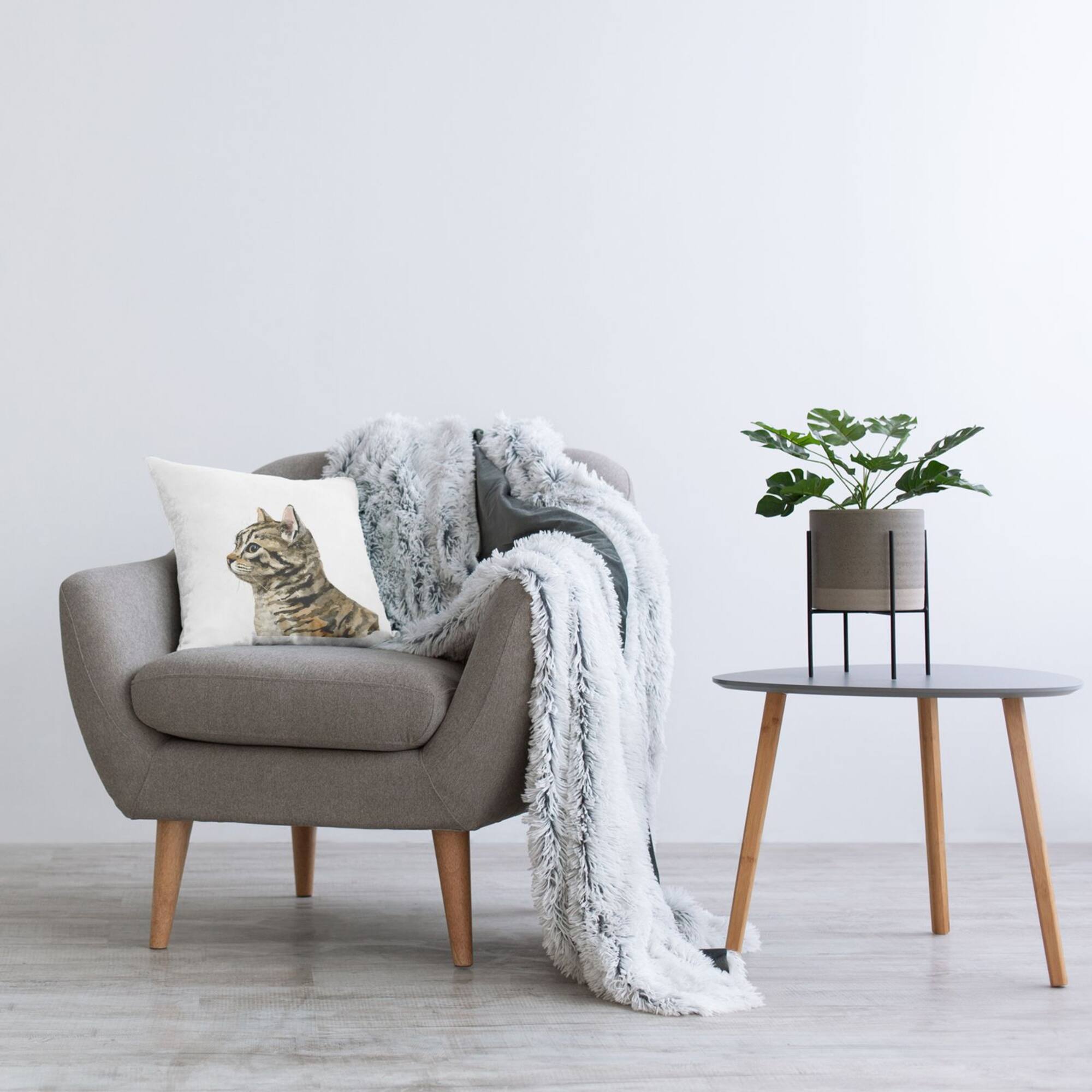 Stupell Industries Casual Striped Cat Portrait Minimal White Background Throw Pillow, 18" x 18"